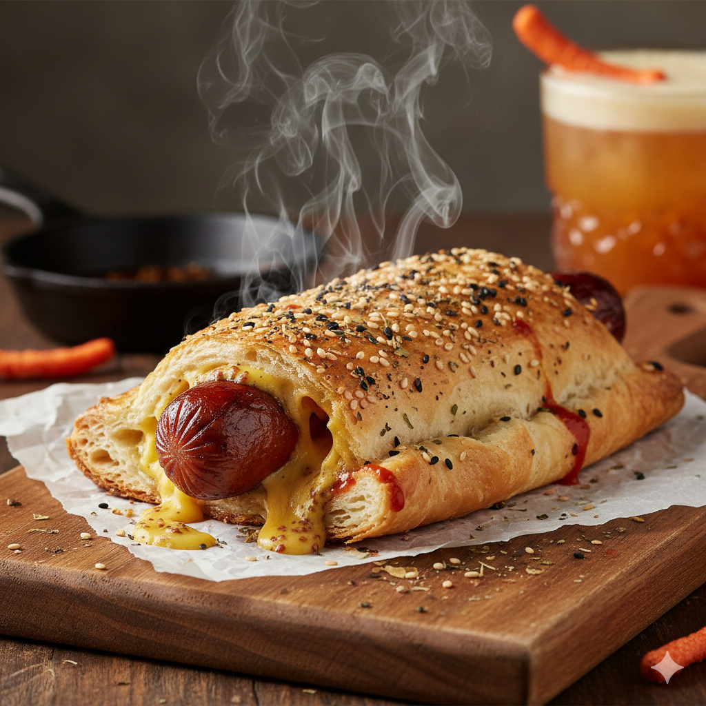 A steaming Dong Pocket on a rustic board
